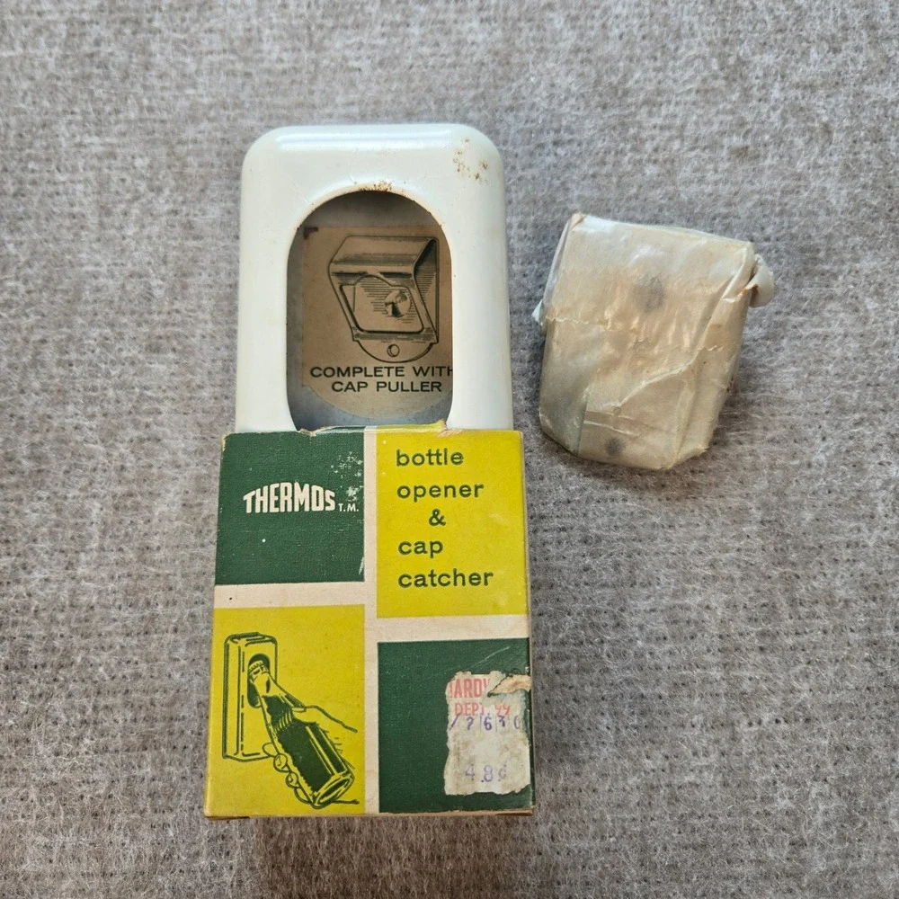 Vintage 1961 Thermos Wall Mount Bottle Opener and Cap Catcher White Metal Boxed